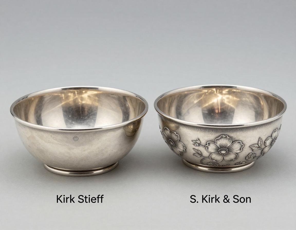 A close-up side-by-side comparison of the interior and exterior of an authentic S. Kirk & Son silver bowl, showing the negative impressions on the inside that correspond to the raised flowers on the outside. - Antique identification guide