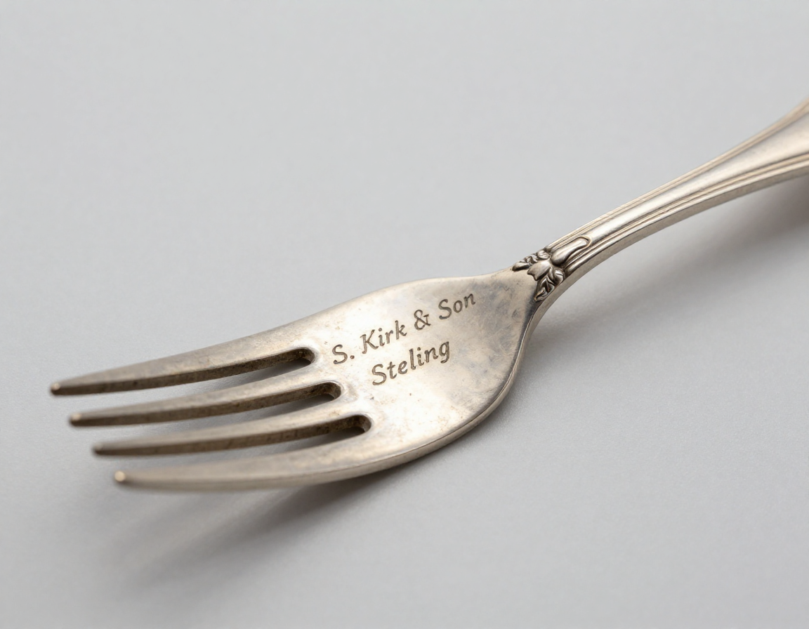 A detailed macro shot of a Kirk Stieff maker's mark on the back of a silver fork, clearly showing 