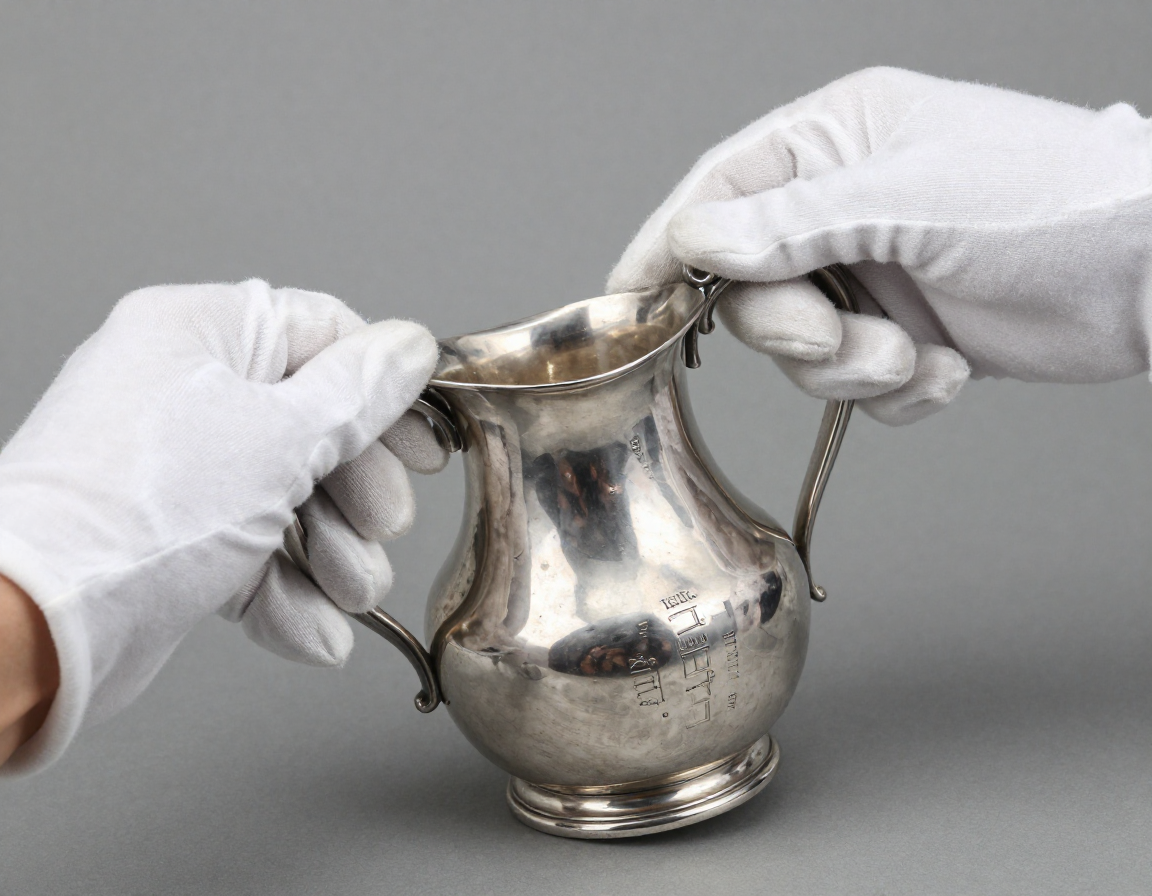 A photograph showing an appraiser wearing white cotton gloves, turning over a heavy silver water pitcher to reveal the hallmarks stamped on the polished underside. - Antique identification guide