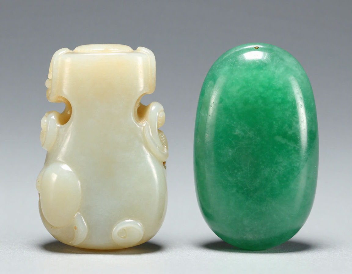 A side-by-side macro photography comparison of a creamy, opaque mutton-fat nephrite carving and a highly translucent, vivid emerald green jadeite cabochon, highlighting the distinct luster of each mineral. - Antique identification guide