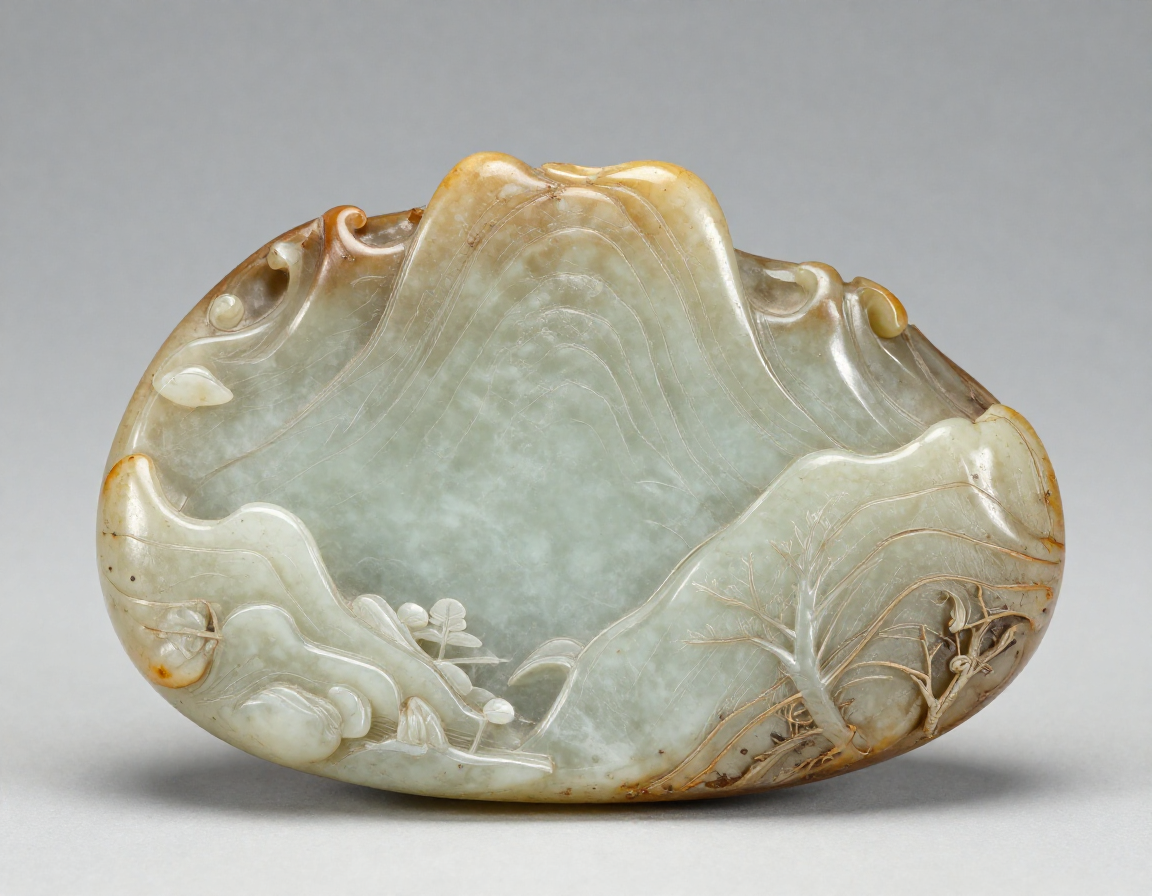 A highly detailed, antique Chinese Hetian mutton-fat nephrite boulder carving depicting a mountain landscape, showing the soft, greasy luster typical of high-value nephrite. - Antique identification guide