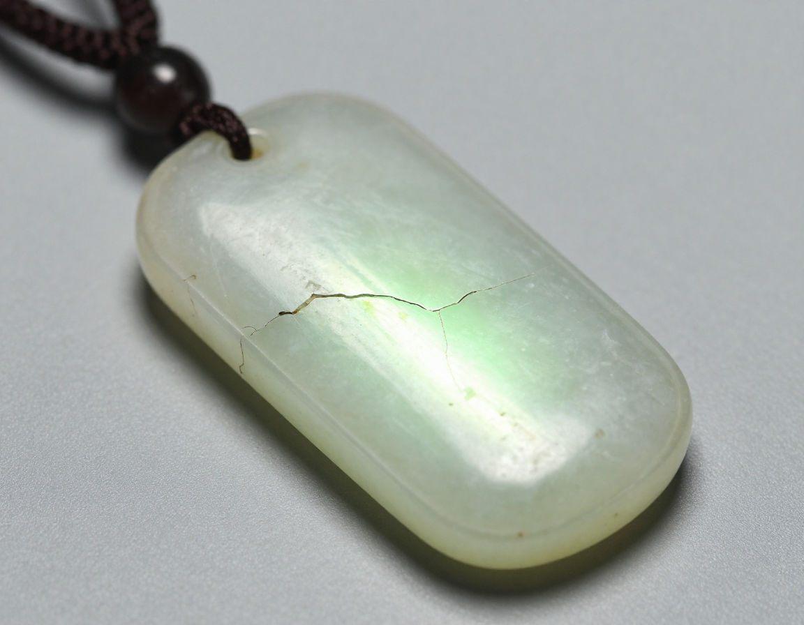 A UV light examination of a seemingly perfect jadeite pendant, revealing a glowing, fluorescent strip where a polymer resin repair was secretly made to hide a severe crack. - Antique identification guide