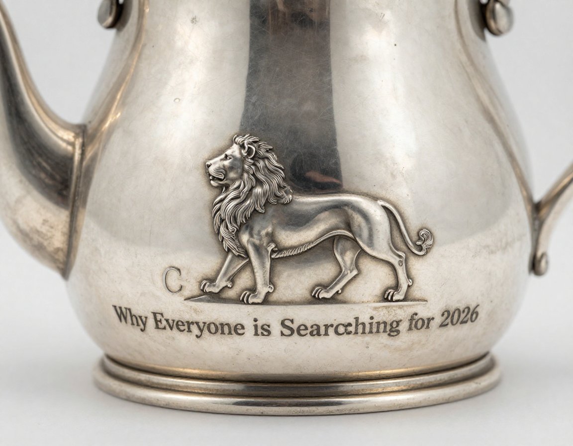 A close-up macro shot of a British walking lion hallmark and a date letter 'C' stamped deeply into the base of a silver teapot - Antique identification guide