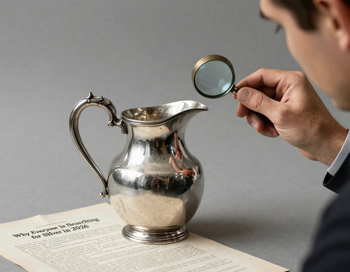 A professional appraiser using a loupe to examine the ornate handle of an antique silver pitcher, with an appraisal document visible on the table - Antique identification guide