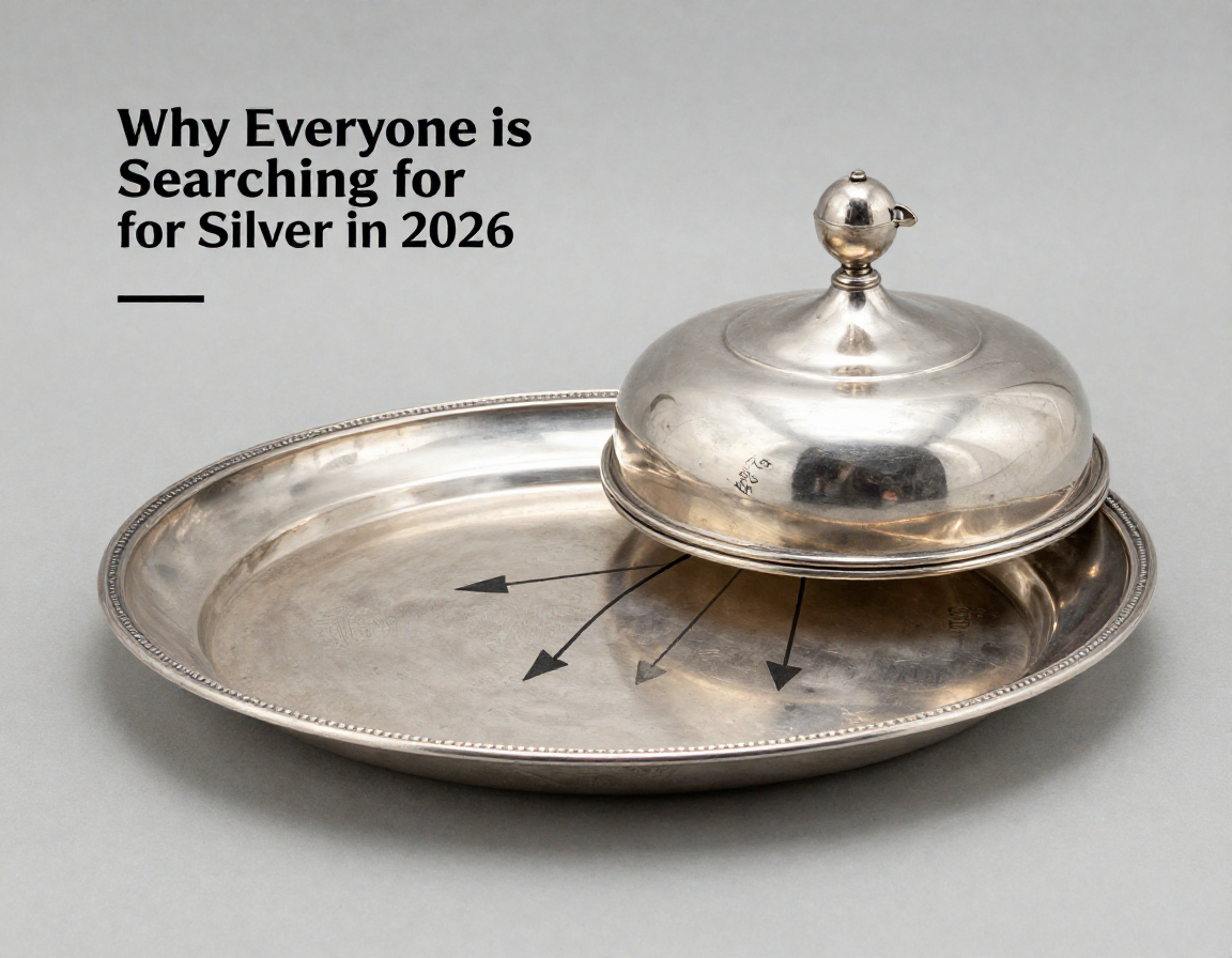 Arrows pointing to the hidden hallmark locations on the underside of a footed silver serving tray and the interior rim of its matching lid - Antique identification guide