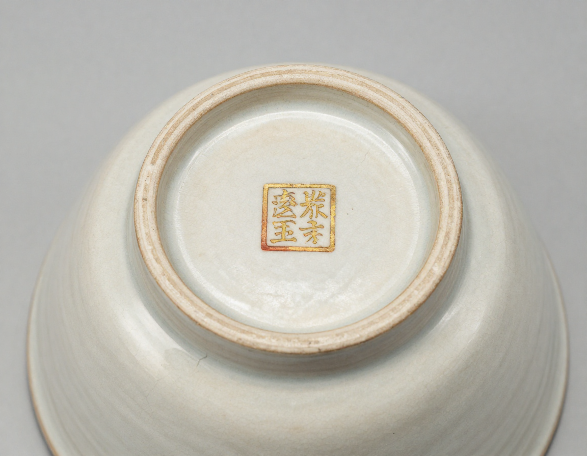 A clear photograph highlighting the underside of a Satsuma pottery piece, focusing on a worn gold maker's mark sitting on top of the crackled cream-colored glaze. - Antique identification guide