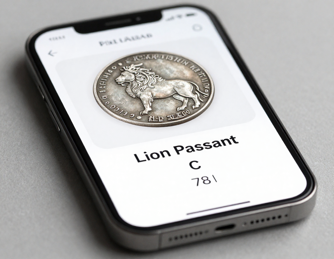 A smartphone screen displaying an app interface, showing a scanned silver mark on the top half and a detailed breakdown of the 'Lion Passant', date letter 'C', and maker's initials below. - Antique identification guide