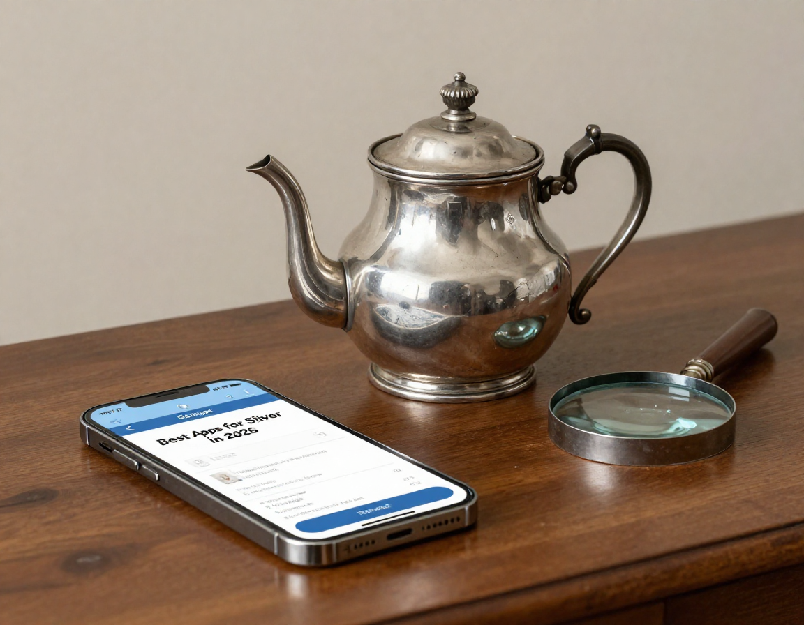 An antique silver teapot sitting on a wooden appraisal desk next to a modern smartphone running an identification app, with a magnifying loupe resting nearby. - Antique identification guide