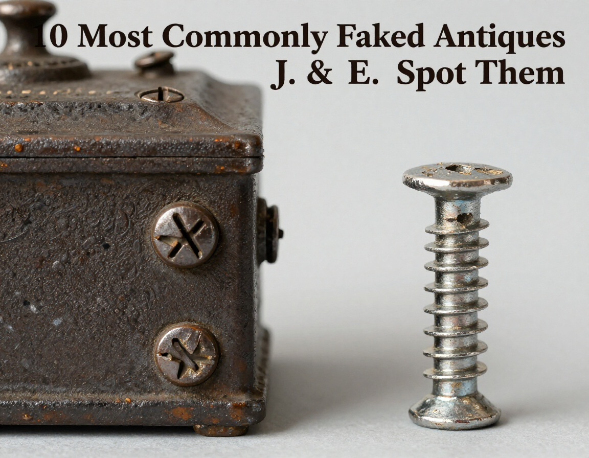 A close-up side-by-side comparison of a genuine 1880s J. & E. Stevens cast iron bank showing flat-head slotted screws next to a modern reproduction showing a modern Phillips-head screw and rough, bubbly iron casting - Antique identification guide