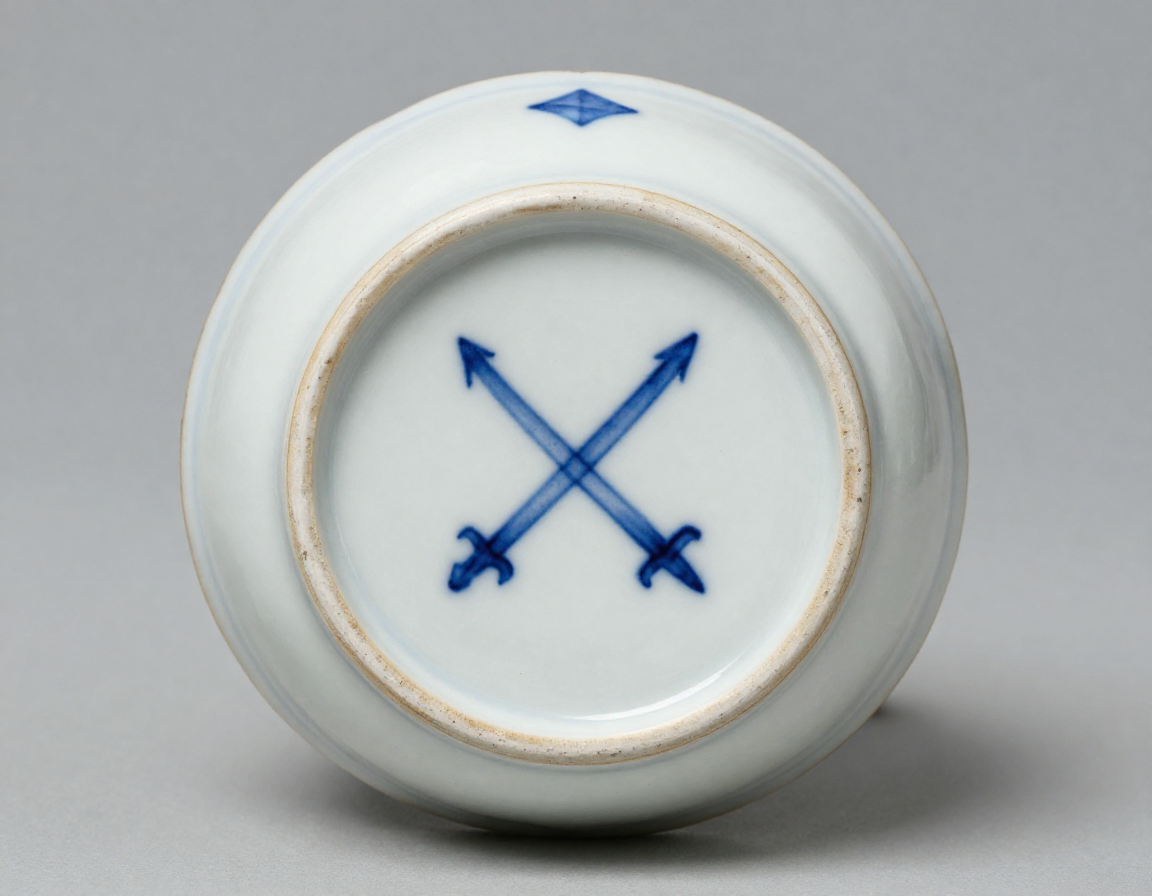 A highly detailed photo of the underside of a Meissen porcelain teacup, showing the authentic cobalt blue underglaze crossed-swords mark from the 19th century, applied beneath the clear glaze - Antique identification guide