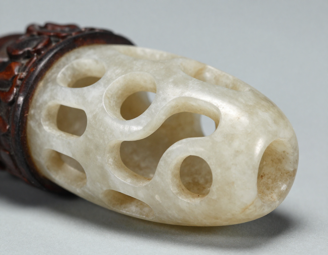 A macro shot focusing on the deep, hand-drilled crevices of a Qing dynasty quartz carving, highlighting the slightly irregular, matte finish of the interior cuts compared to the polished exterior. - Antique identification guide