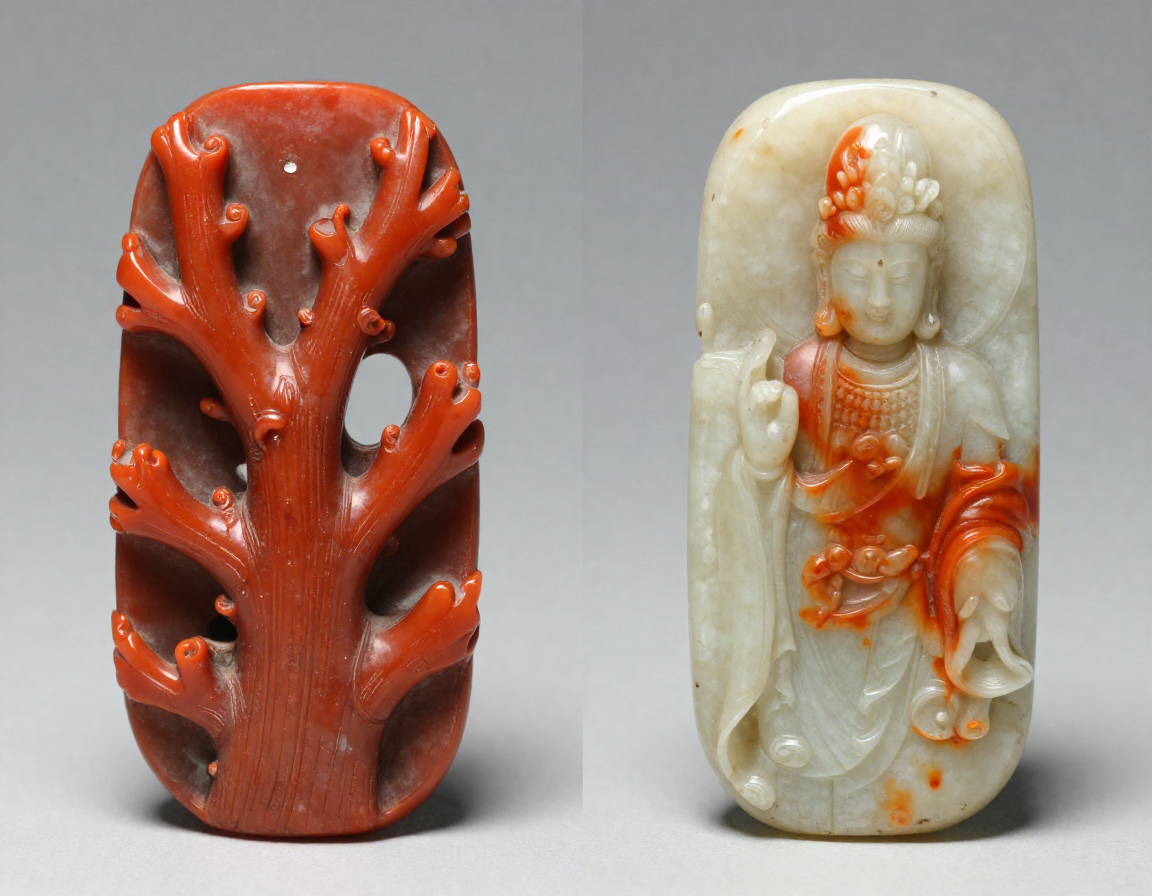 A side-by-side comparison image: on the left, an intricately carved natural red coral branch figure of Guanyin; on the right, a dyed, modern imitation showing unnatural color pooling in the crevices. - Antique identification guide