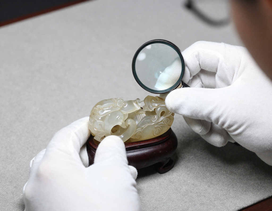 A photograph showing an appraiser carefully examining a translucent quartz carving under a loupe, with soft cotton gloves and a padded appraisal mat visible. - Antique identification guide