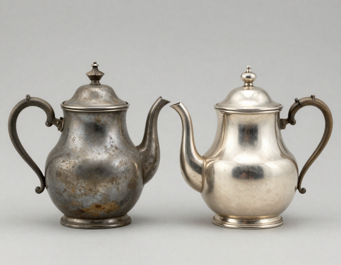 A side-by-side macro photo of an antique silver teapot; one half is heavily tarnished (black/brown), and the other half is properly hand-polished revealing a soft, warm luster, avoiding harsh shine. - Antique identification guide