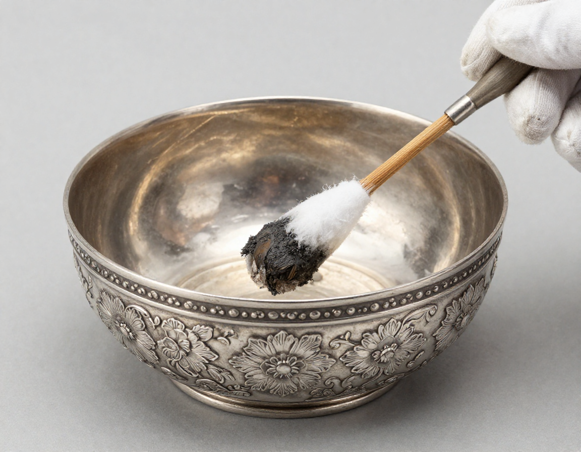 A close-up of a gloved hand using a cotton swab to apply silver paste carefully around the intricate, raised floral repoussé design of an antique silver bowl, leaving the dark oxidation in the crevices intact. - Antique identification guide