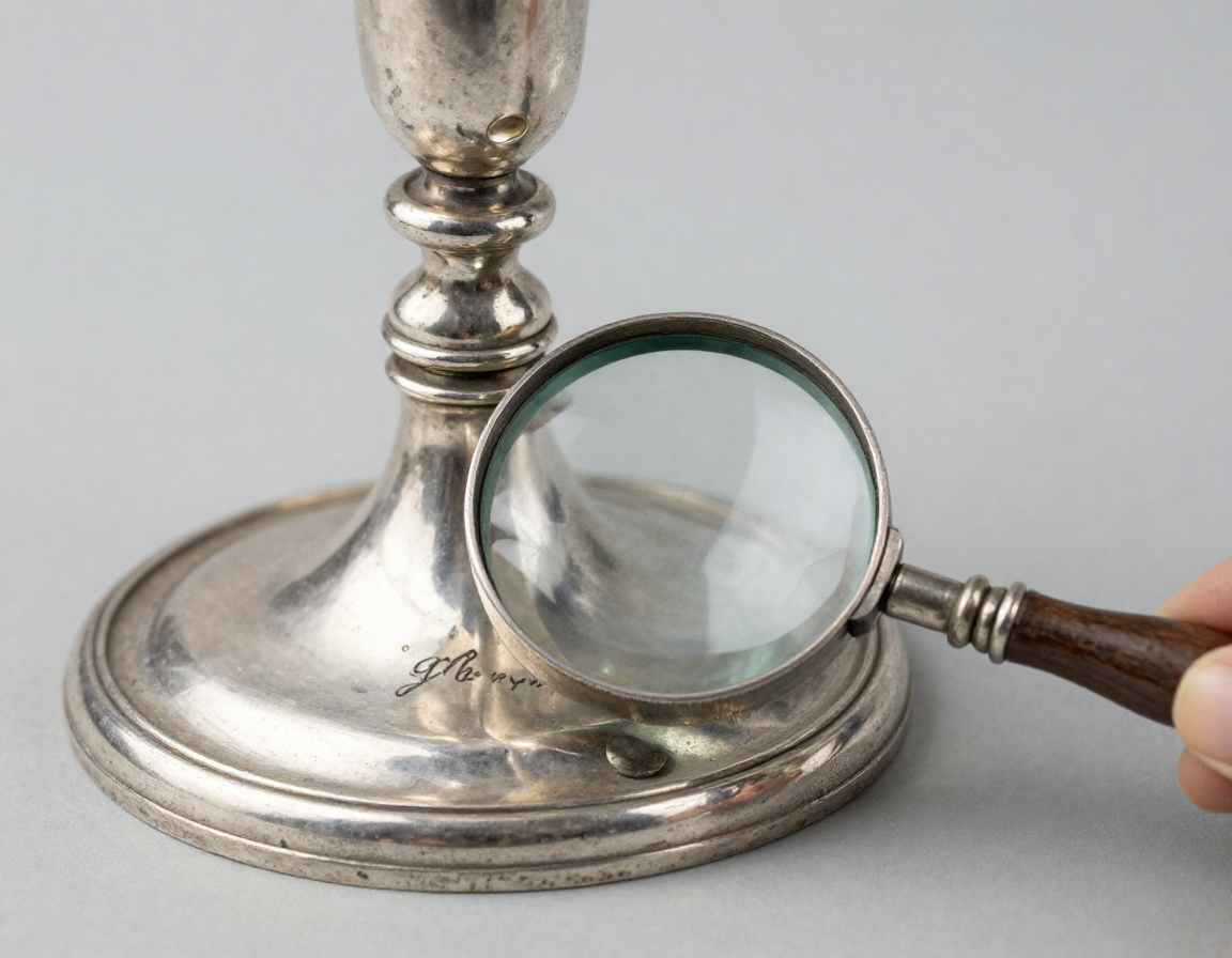 An appraiser's loupe resting on the base of a silver candlestick, focusing on a partially worn maker's mark that has been softened by years of aggressive, improper polishing. - Antique identification guide