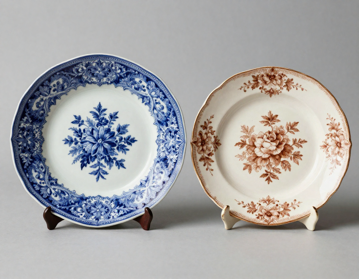 A side-by-side comparison of a highly desirable dark blue American historical transferware platter next to a common late 19th-century brown floral plate - Antique identification guide