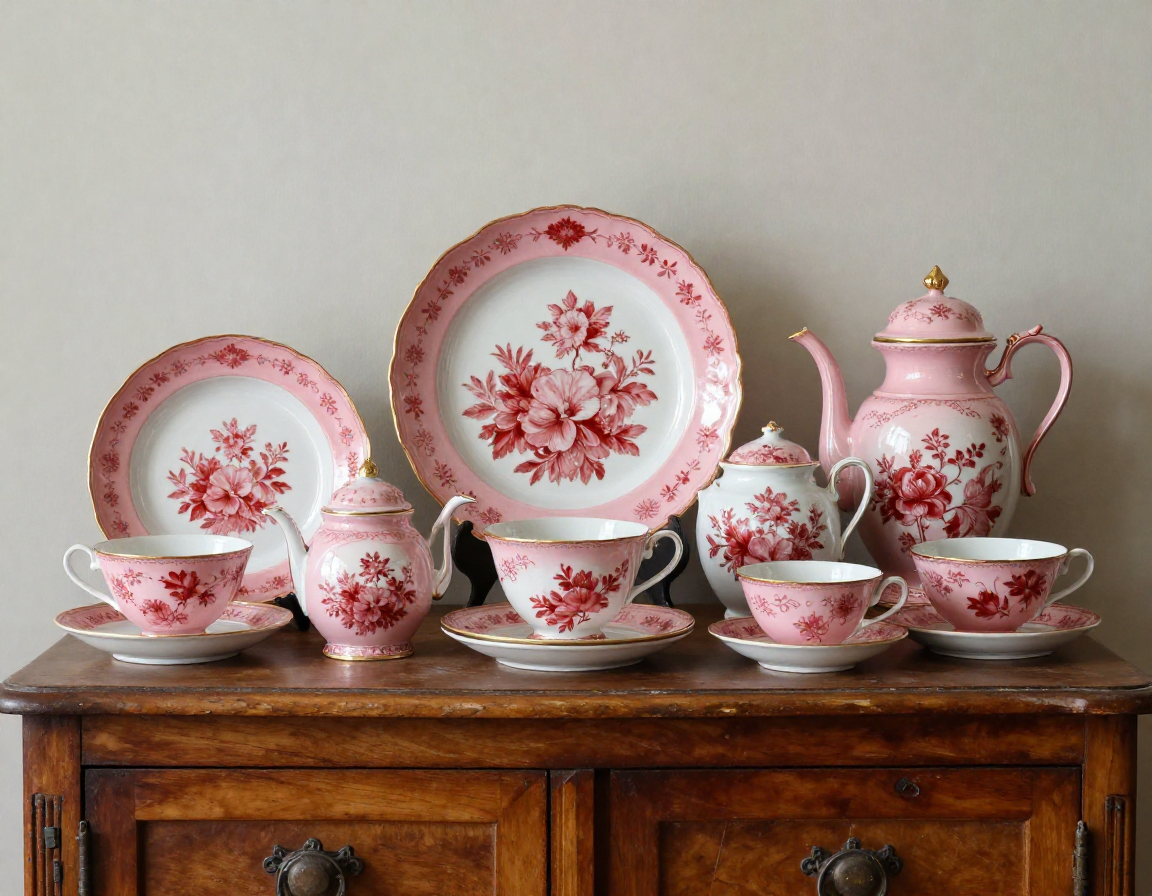 A beautifully arranged cabinet display showing a curated collection of pink and red transferware, highlighting the visual impact of specialized collecting - Antique identification guide