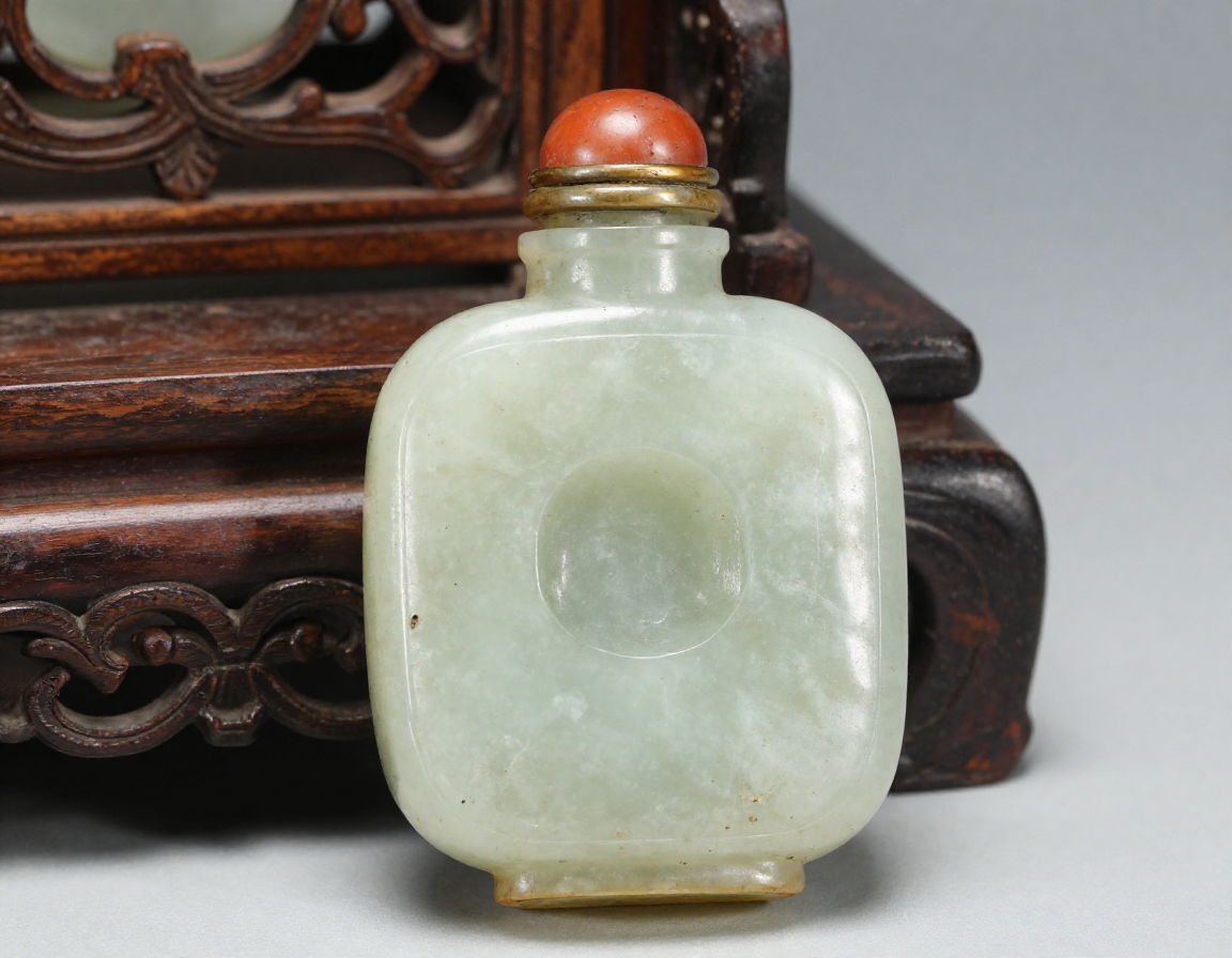 A close-up of a carved nephrite jade Chinese snuff bottle, showing the natural stone inclusions and a well-hollowed interior visible through the translucent stone. - Antique identification guide