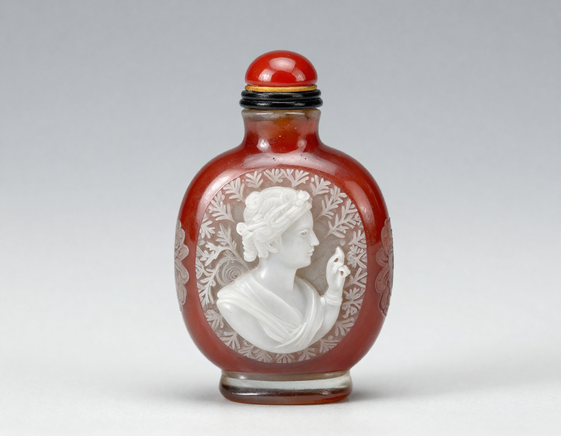 A Peking glass overlay snuff bottle featuring ruby red glass carved over a snowflake white glass ground, highlighting the crisp cameo carving. - Antique identification guide