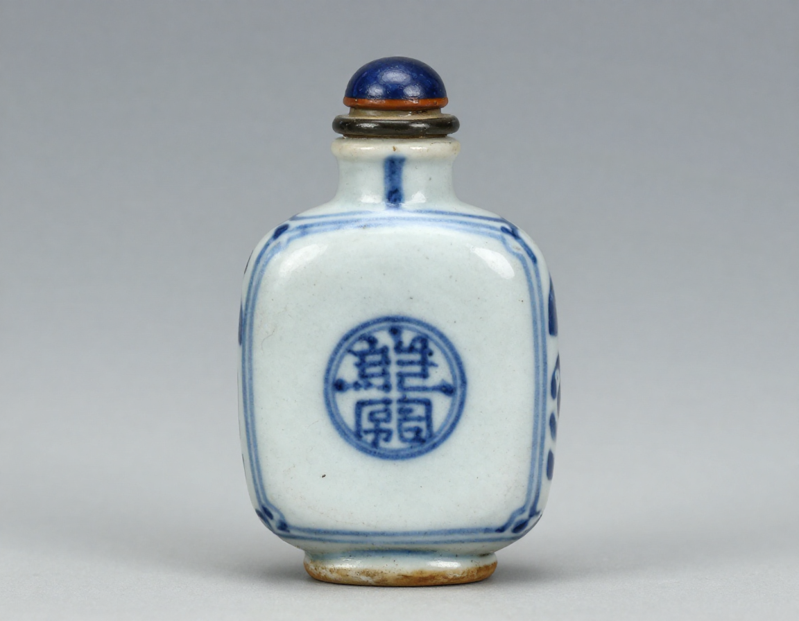 An 18th-century blue and white porcelain cylindrical snuff bottle, showing the reign mark on the recessed base and natural wear on the unglazed foot rim. - Antique identification guide