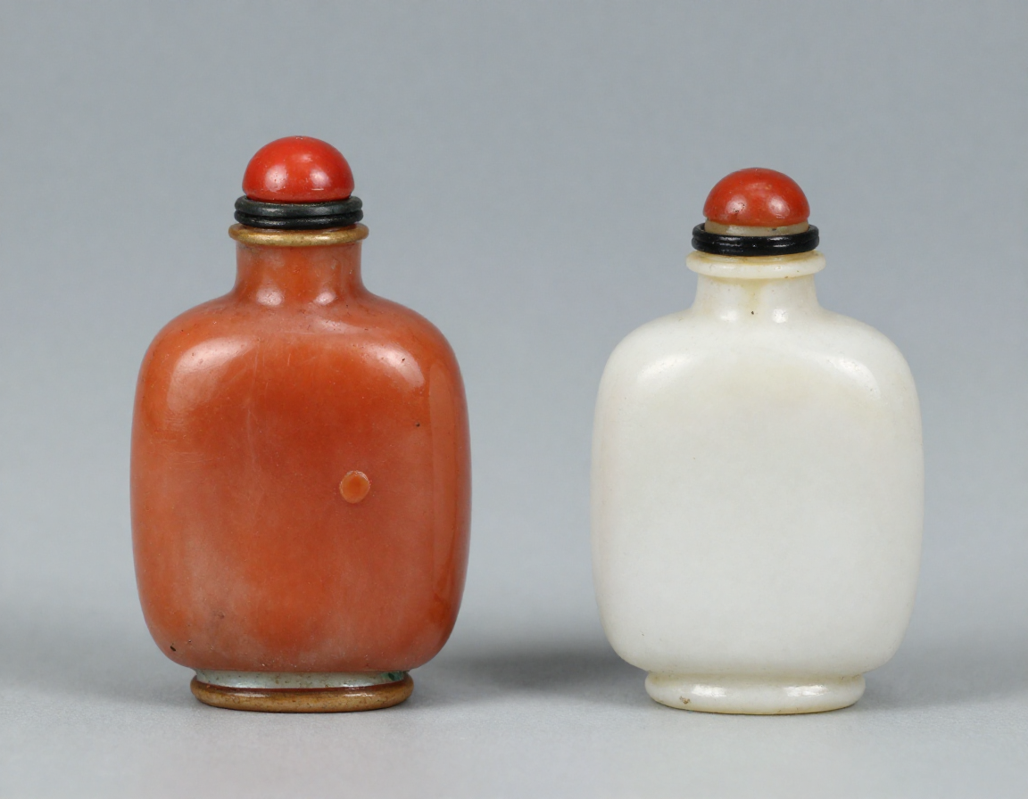A side-by-side comparison of an original spoon-fitted stopper made of coral and a modern plastic replacement stopper. - Antique identification guide
