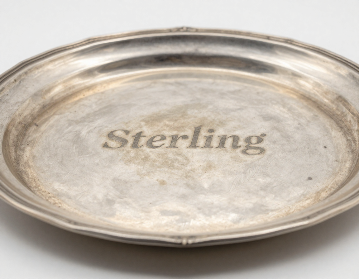 A macro close-up photograph of the underside of an antique silver tray, clearly showing the impressed 'Sterling' mark and a maker's mark surrounded by a soft, natural tarnish. - Antique identification guide