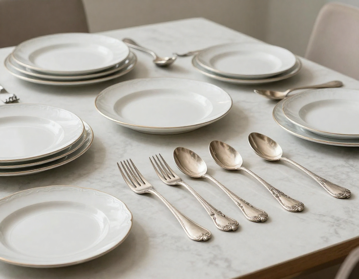 A beautifully arranged modern dining table featuring a mix of contemporary ceramic plates and mismatched, ornate antique silver forks and spoons, demonstrating the 'eclectic' dining trend. - Antique identification guide
