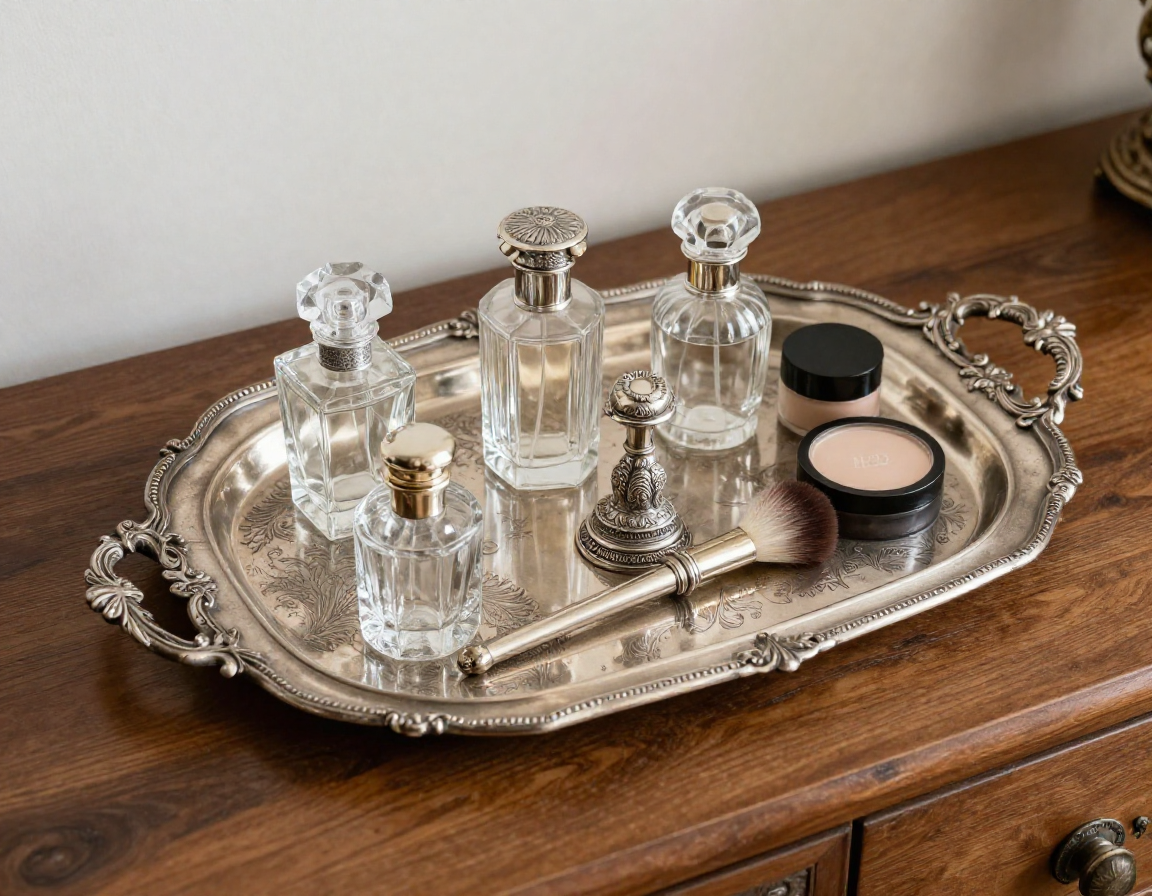 A top-down shot of an intricately engraved antique silver tray resting on a dark wood dresser, neatly organizing crystal perfume bottles, a vintage brush, and modern cosmetics. - Antique identification guide