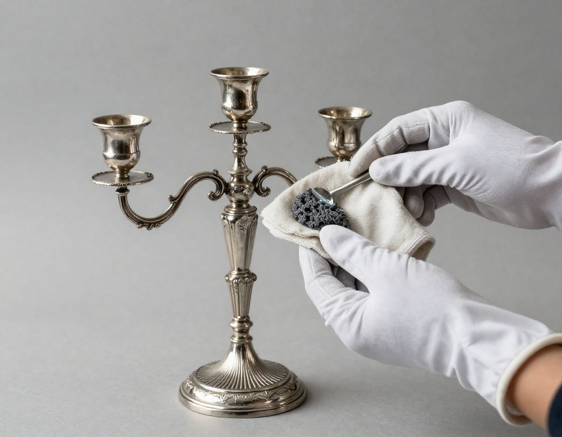 A pair of gloved hands gently buffing an antique silver candelabra with a specialized, non-abrasive silver polishing cloth, avoiding harsh liquid dips. - Antique identification guide