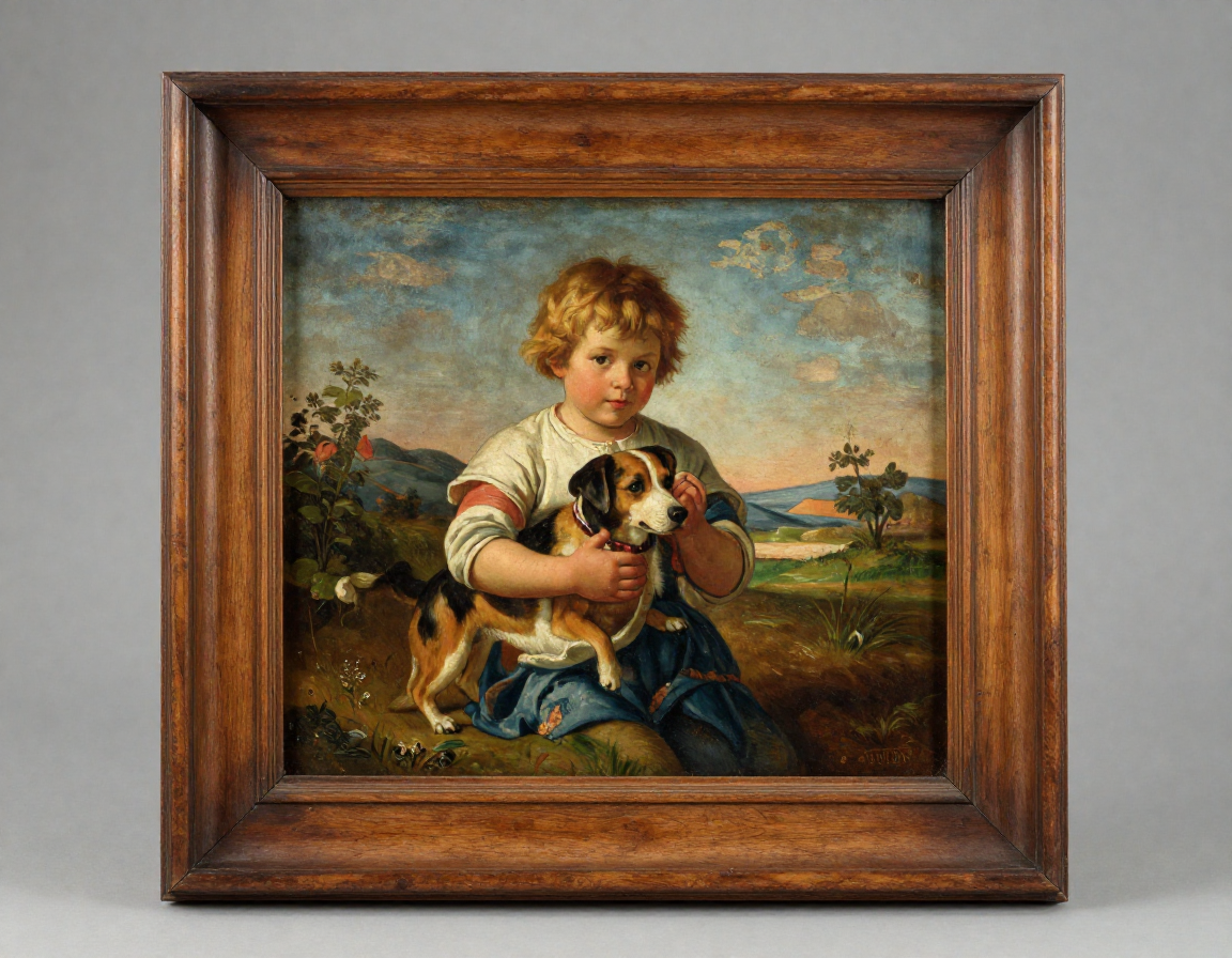 A beautifully preserved, unsigned 19th-century folk art painting of a child holding a dog, painted on a tin panel, displayed in a period-correct wooden frame. - Antique identification guide