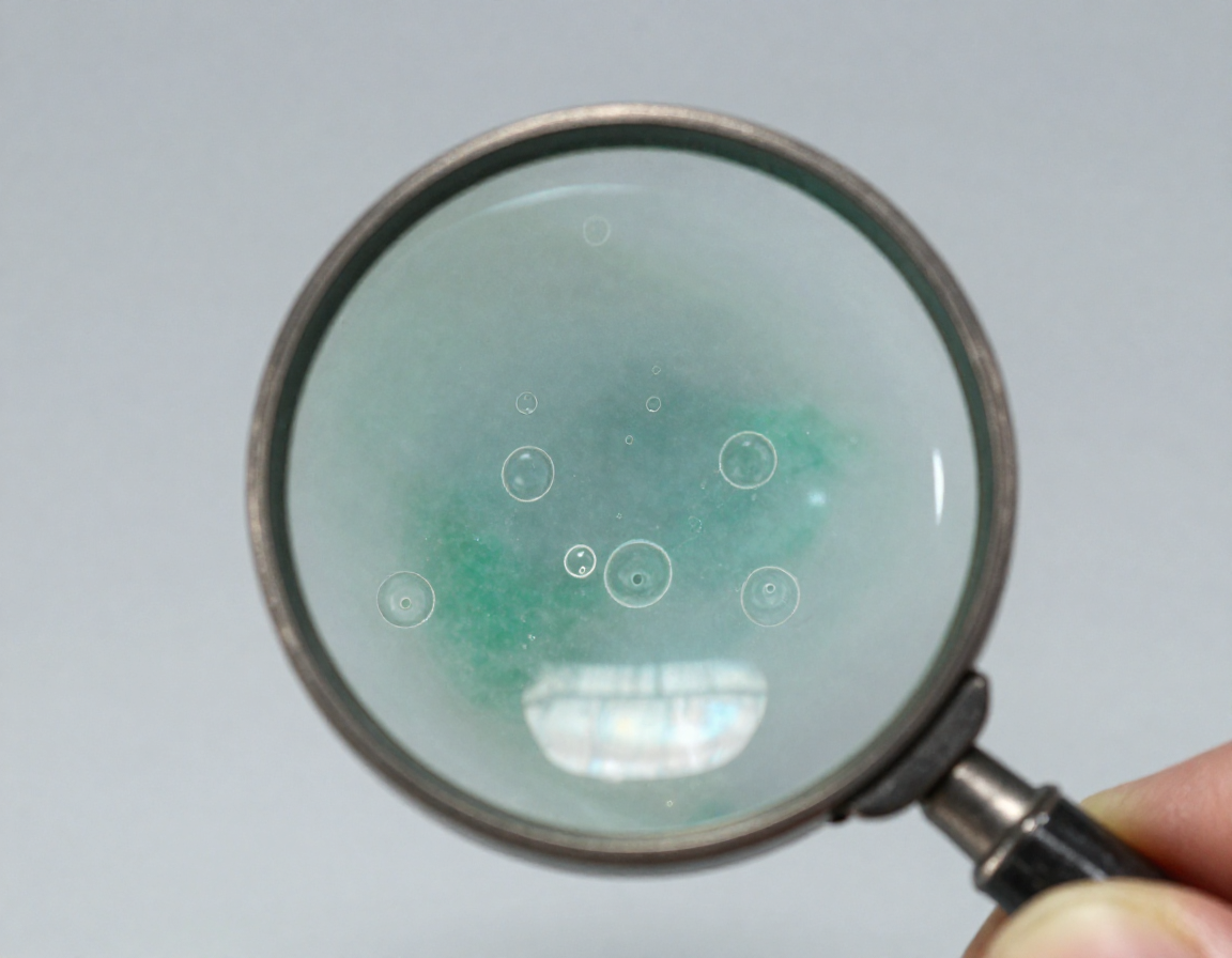 A macro shot of a jeweler's loupe held over a green stone, clearly displaying the telltale round air bubbles trapped within a glass fake. - Antique identification guide