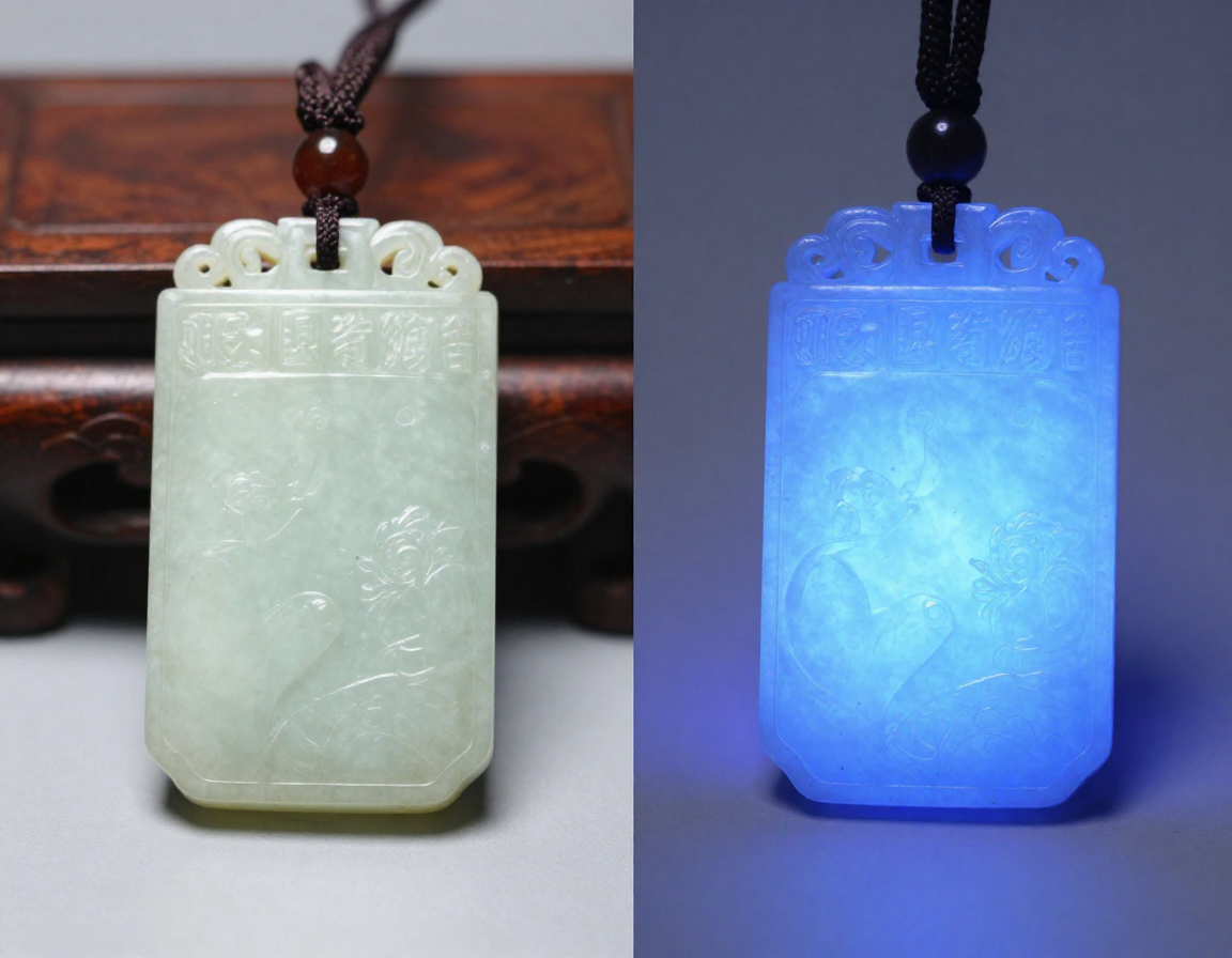 A split-screen photo showing a carved jade pendant under normal lighting, and the same pendant glowing chalky blue under a UV blacklight, indicating resin treatment. - Antique identification guide