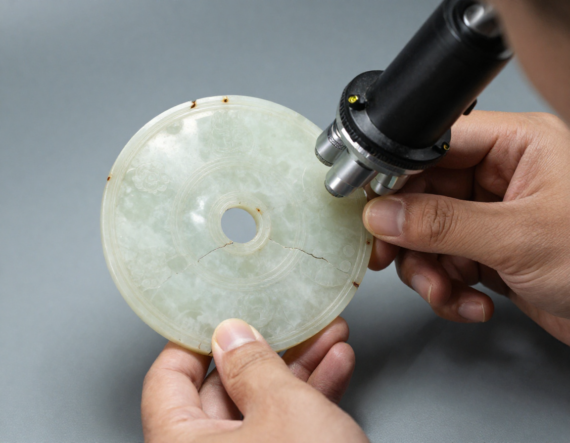 A professional restorer carefully examining a chipped Qing Dynasty jade bi disc under a microscope, using specialized archival materials. - Antique identification guide