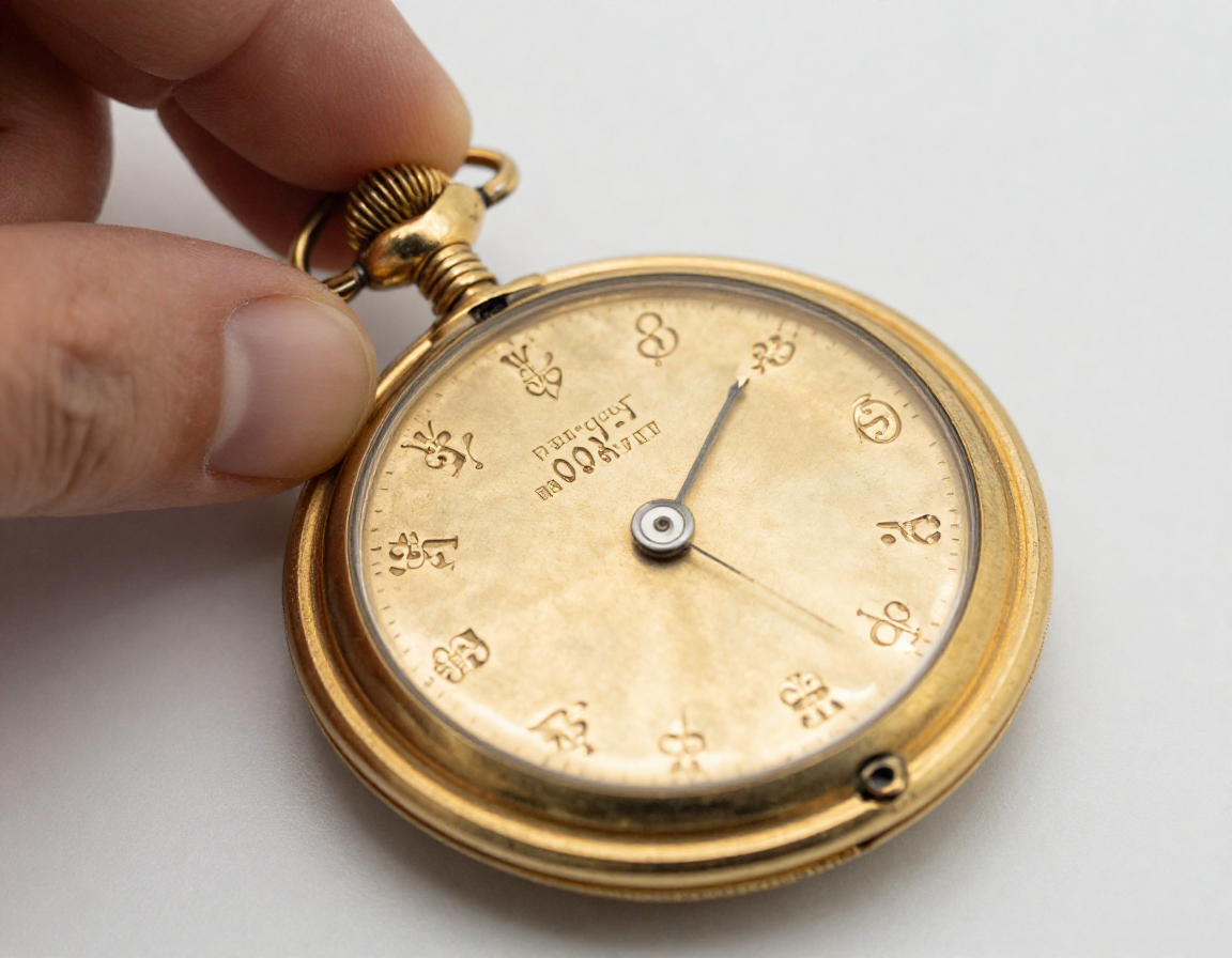 Close-up macro photograph of a thumb pushing back the clasp of an antique gold pocket watch to reveal tiny hallmarks engraved on the inner case lid. - Antique identification guide