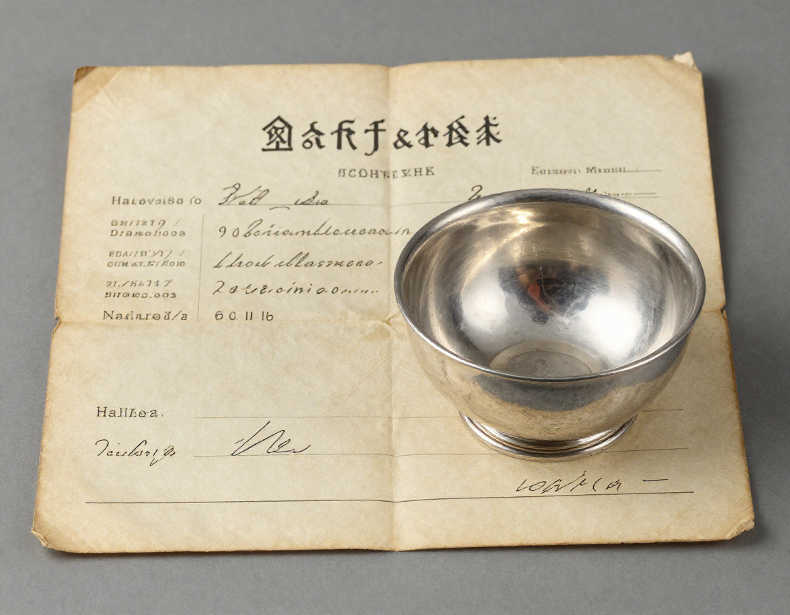A worn, yellowed original receipt from a 19th-century silversmith sitting next to the polished silver bowl it corresponds to, showing matching dates and maker names. - Antique identification guide
