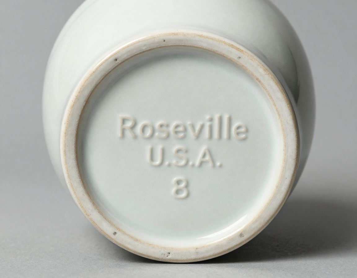Bottom of an antique ceramic vase showing a clear, impressed 'Roseville U.S.A.' mark with a specific mold number beneath it. - Antique identification guide