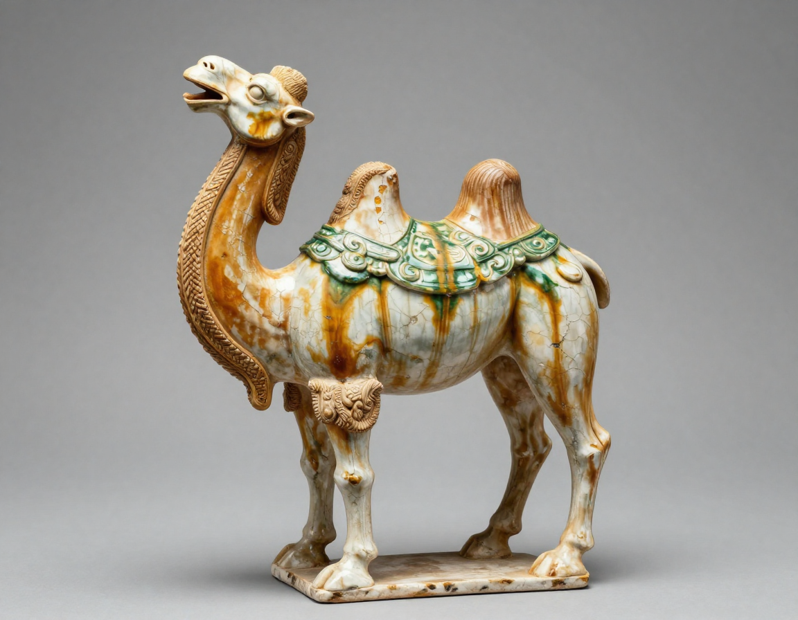 A detailed view of sancai (three-color) glaze on a Tang camel, showing authentic, fine crazing and slight degradation of the glaze surface due to age. - Antique identification guide