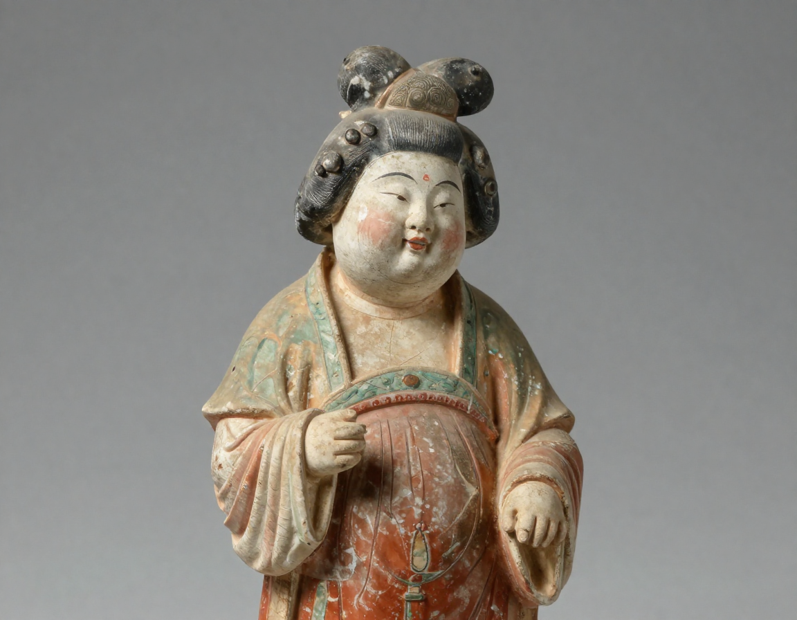 A beautifully modeled Tang Dynasty 'fat lady' figure, showing the draped robes and original cold-painted pigments on her face. - Antique identification guide
