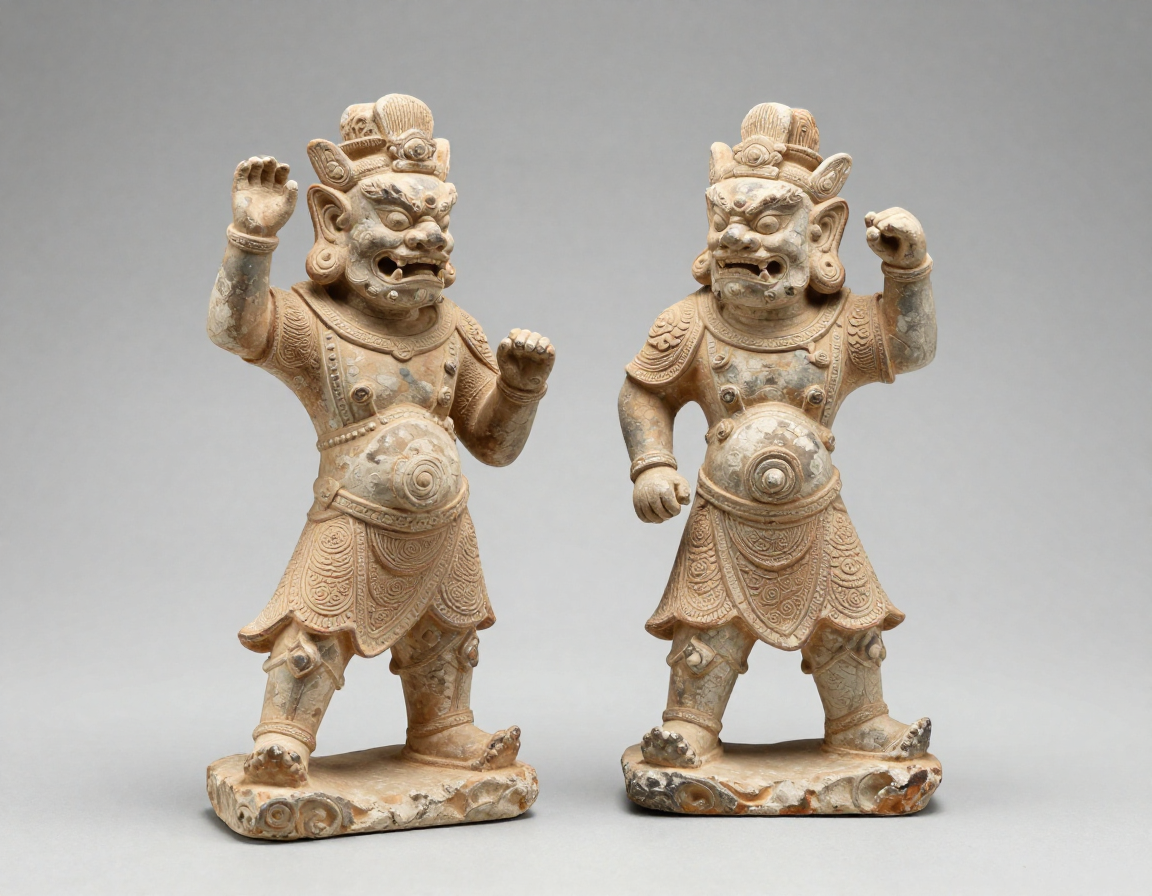 A pair of fierce Tang Dynasty Lokapala (tomb guardian) figures, displaying the complex molding and dynamic poses typical of elite burials. - Antique identification guide