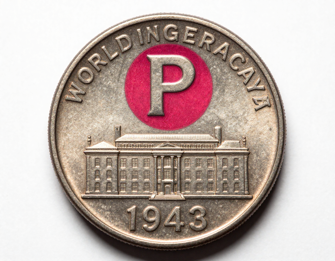 A macro shot of the reverse of a 1943 Jefferson Nickel, with a brightly colored circle emphasizing the large 'P' mint mark positioned above the Monticello building. - Antique identification guide