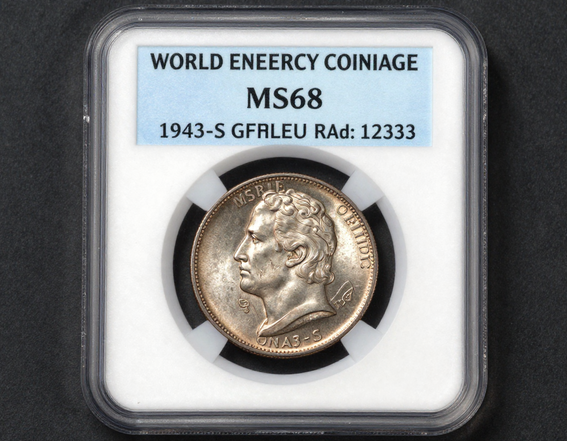 A professional numismatic grading slab holding a perfectly preserved 1943-S steel cent, displaying the MS68 grade and authentication serial number. - Antique identification guide
