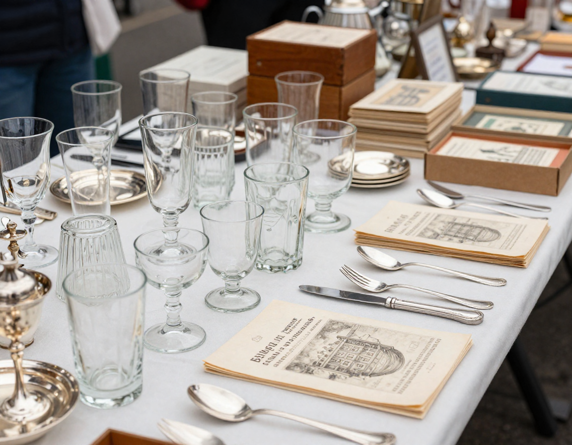 A wide shot of a bustling outdoor flea market table heavily laden with assorted vintage glassware, silverplate cutlery, and stacked paper ephemera boxes. - Antique identification guide