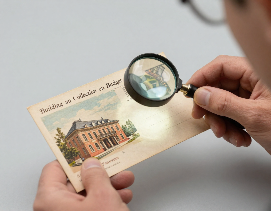 A photograph showing a collector carefully examining a vintage postcard under a lighted jeweler's loupe to check the printing matrix and condition. - Antique identification guide