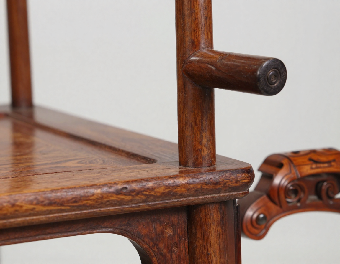 Close-up macro shot of a complex, interlocking mortise-and-tenon joint on a huanghuali wood chair, showing the lack of nails and the seamless wood connection. - Antique identification guide
