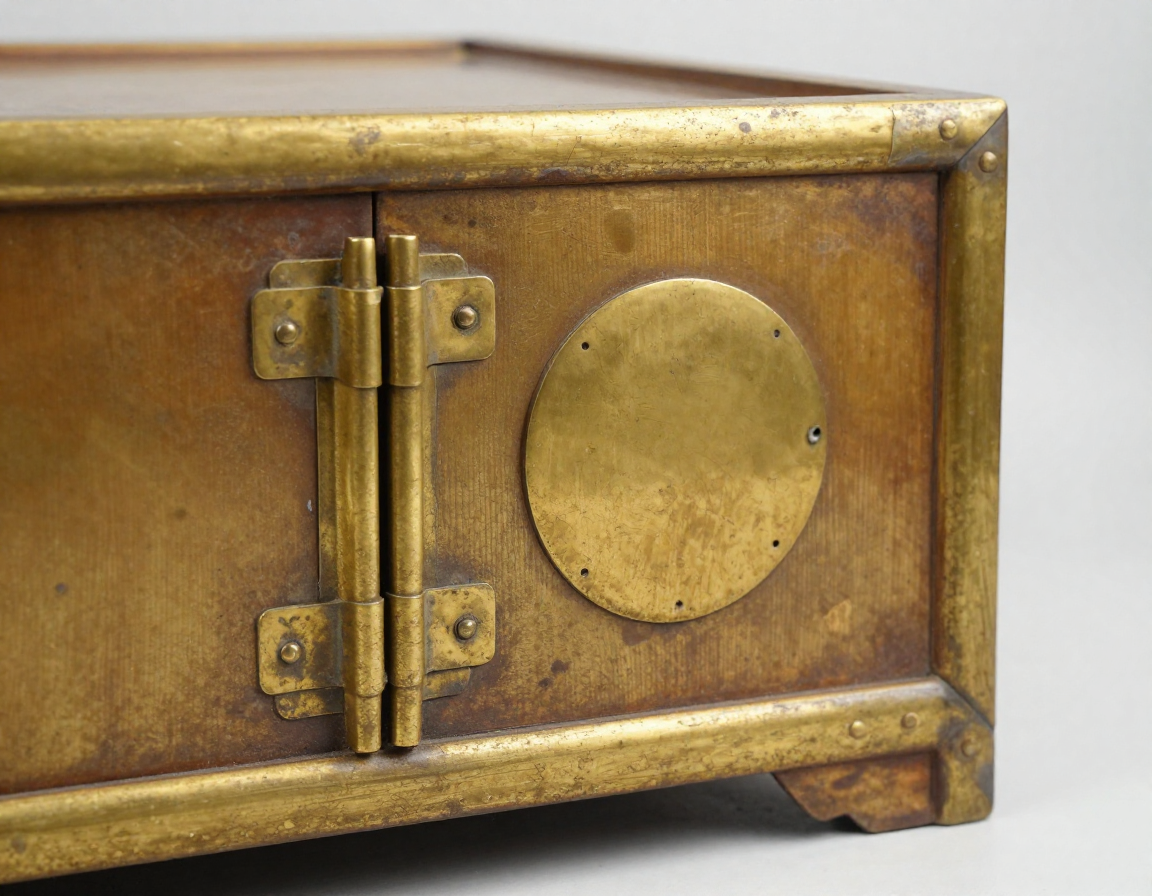Detailed image of paktong (white brass) metal hinges and a circular lock plate on a Ming dynasty tapered cabinet, showing the natural tarnish and soft edges. - Antique identification guide