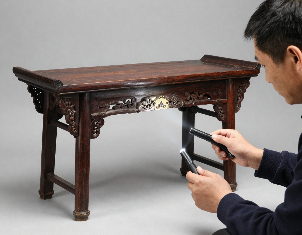An antique dealer carefully examining the underside of a Ming altar table with a UV light to check for modern glue and recent restorations. - Antique identification guide