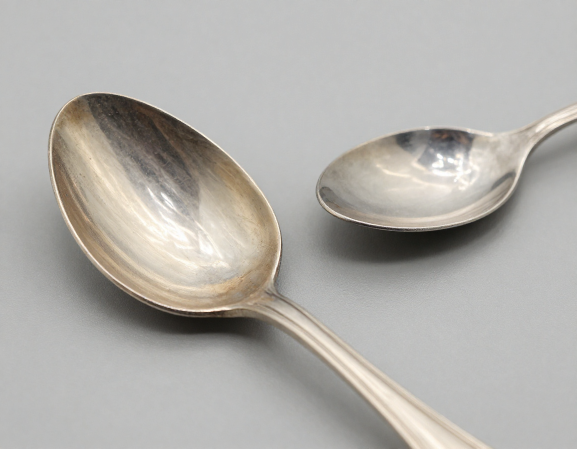 Close-up macro photograph showing the rich, soft patina of an 18th-century silver spoon next to a glaringly shiny modern, mass-produced silver-plated spoon, illustrating the difference in surface wear and quality. - Antique identification guide