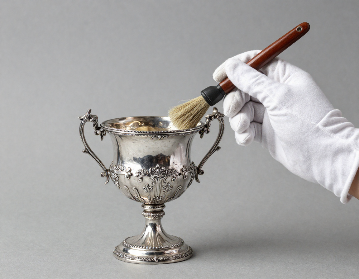 A professional antique restorer wearing white cotton gloves carefully applying a mild, non-abrasive silver polish to a highly ornate Victorian silver epergne, using a natural bristle brush. - Antique identification guide