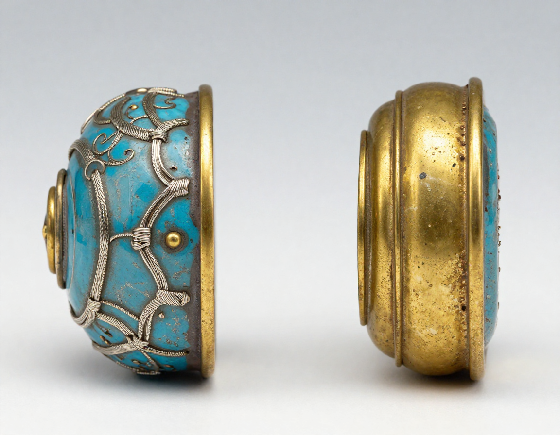 A side-by-side macro photograph comparing the fine, perfectly flush silver wires of authentic Meiji-period cloisonné against the thick, raised brass wires and pitted surface of a modern reproduction. - Antique identification guide